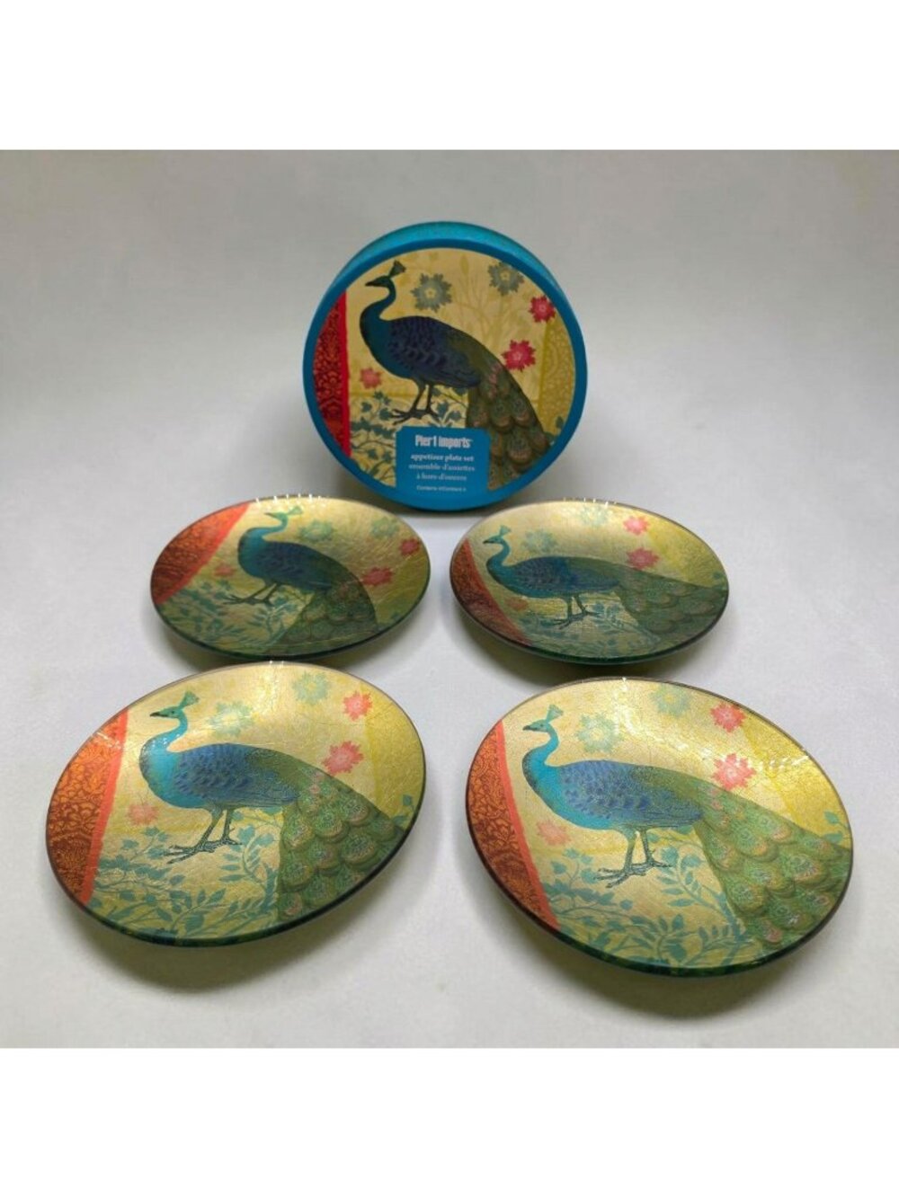Pier 1 Imports Peacock Appetizer Plate Set Of 4 Decorative Glass Plates In Box